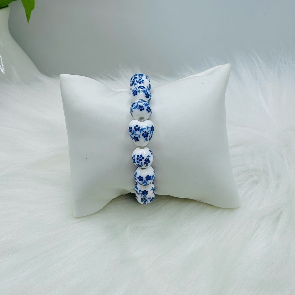 One heart Chinese-Style Ceramic Floral Beaded Stretch Bracelet blue floral